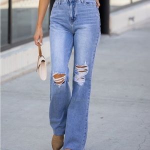 AMARYLLIS Medium Wash Distressed High-Waist Wide-Leg Jeans